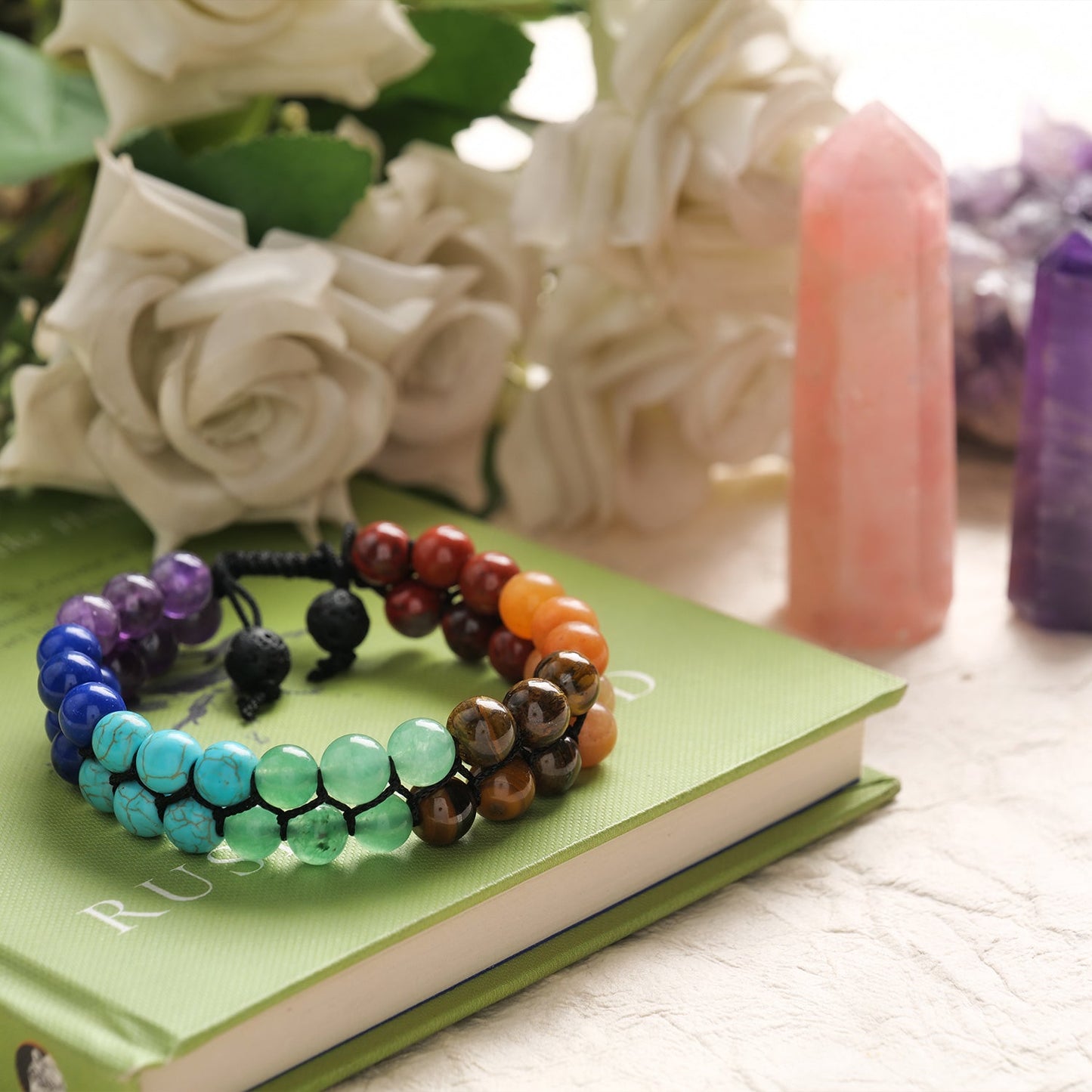 Seven Chakra Double Layer Healing Crystal Bracelet (8mm Beads, Size: 6-7 Inch)