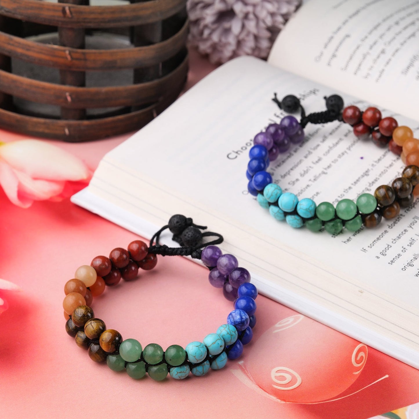 Seven Chakra Double Layer Healing Crystal Bracelet (8mm Beads, Size: 6-7 Inch)