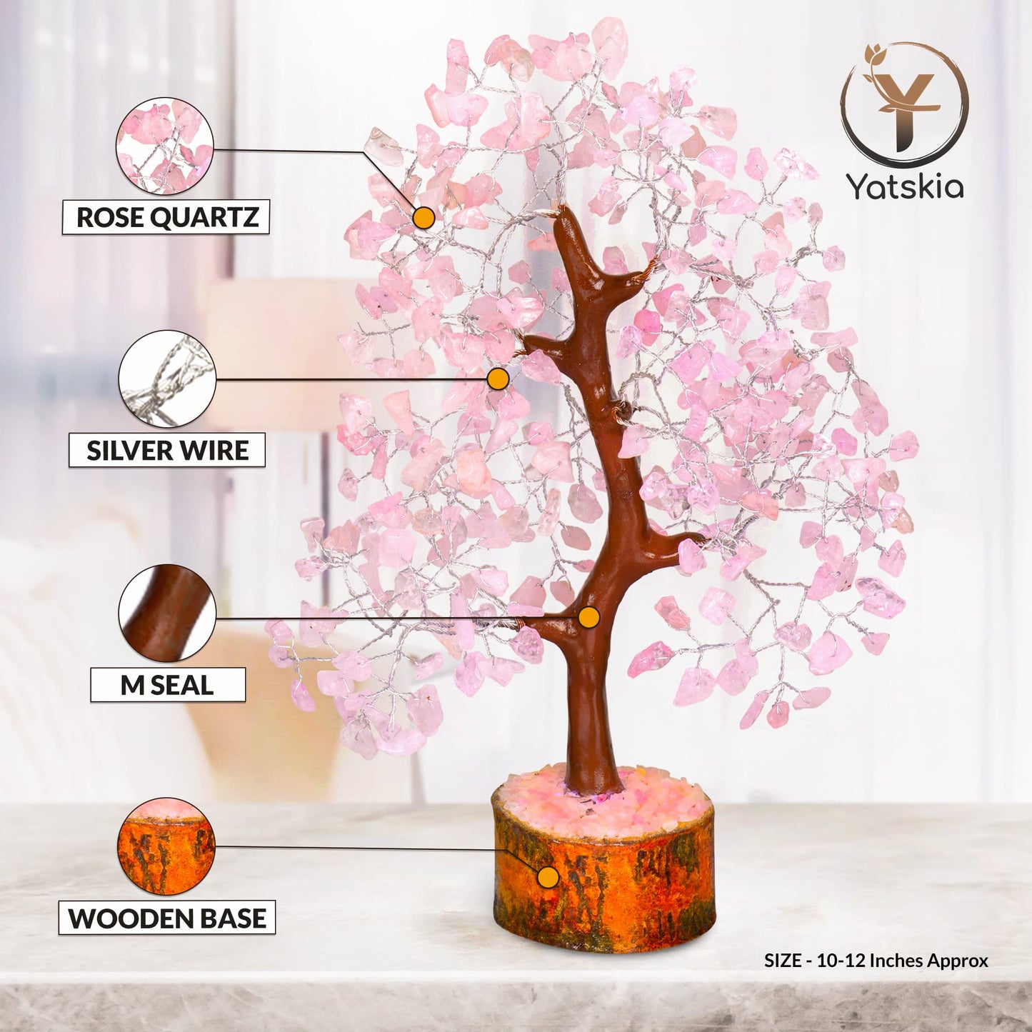 Rose Quartz Crystal Tree (Silver Wire, 10-12 Inch, 300 Beads)