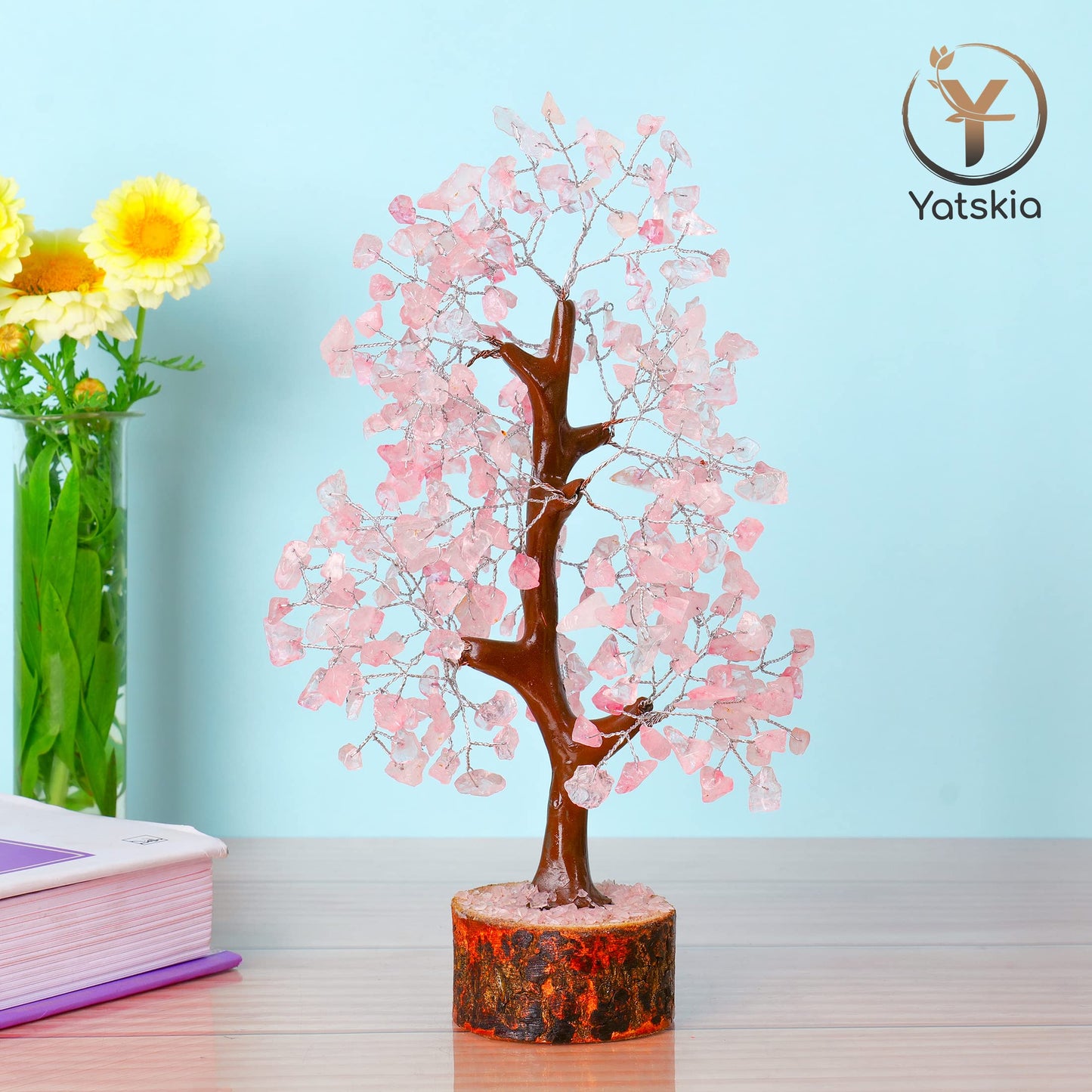 Rose Quartz Crystal Tree (Silver Wire, 10-12 Inch, 300 Beads)