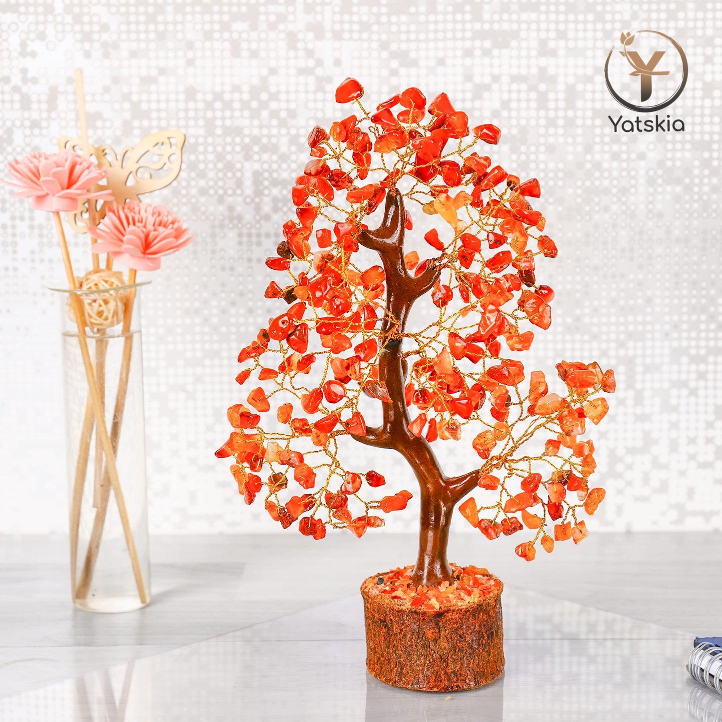 Carnelian Crystal Tree (Golden Wire, 10-12 Inch, 300 Beads)
