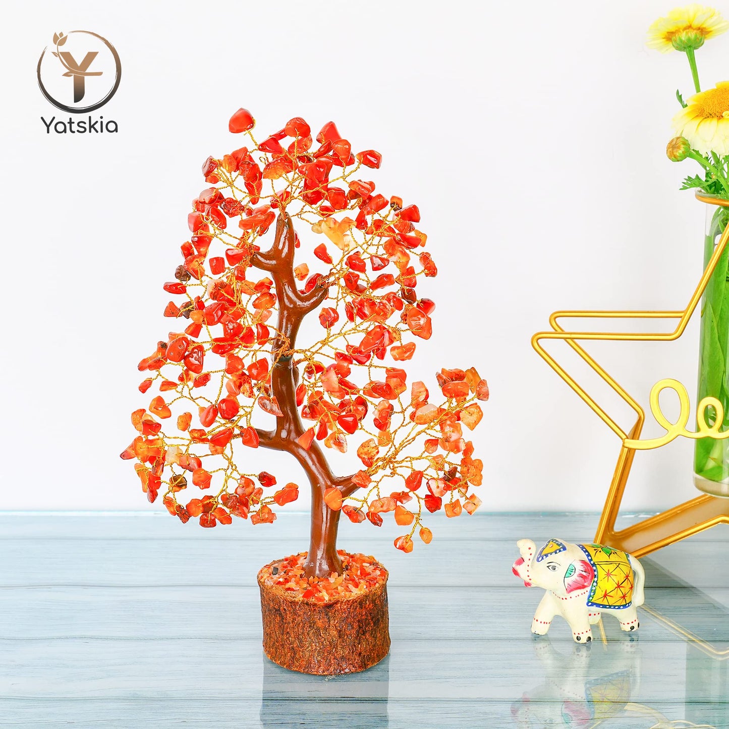 Carnelian Crystal Tree (Golden Wire, 10-12 Inch, 300 Beads)
