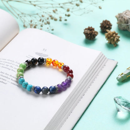 Seven Chakra Healing Crystal Bracelet (8mm Beads, Size: 6-7 Inch)