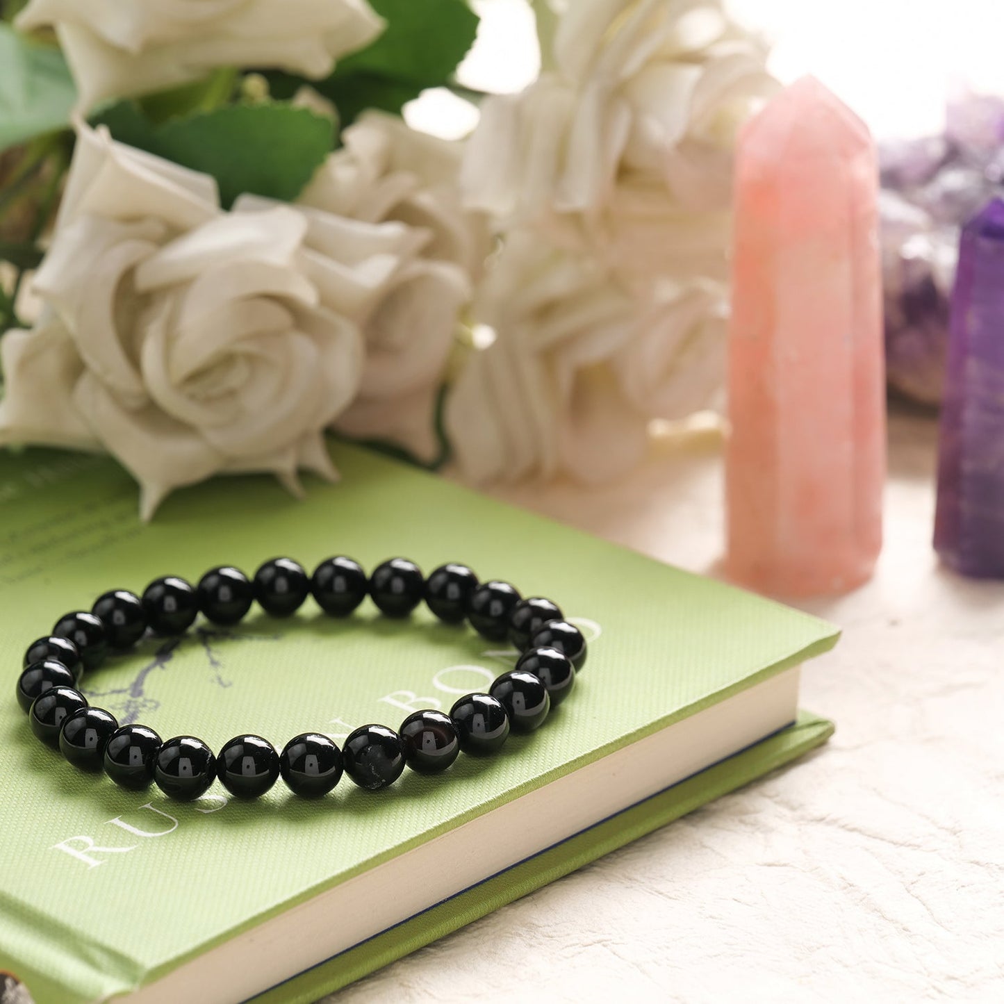 Black Tourmaline Healing Crystal Bracelet (8mm Beads, Size: 6-7 Inch)