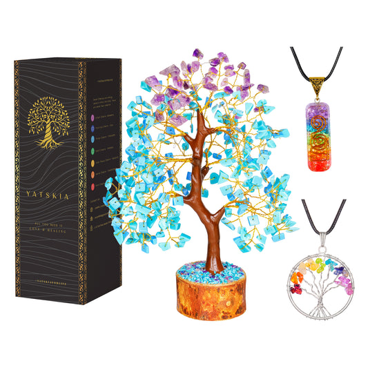Amethyst and Turquoise Gemstone Tree with Tree of Life Pendant