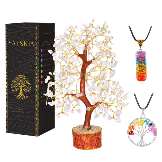 Clear Quartz Gemstone Tree with Tree of Life Pendant