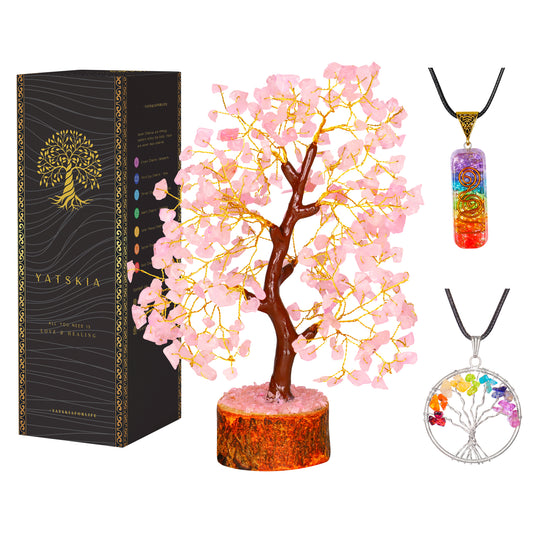 Rose Quartz Gemstone Tree with Tree of Life Pendant