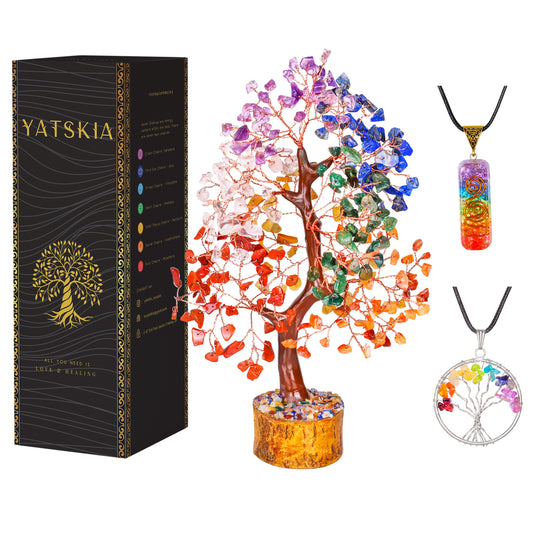 Seven Chakra Healing Crystal Tree with Tree of Life Pendant