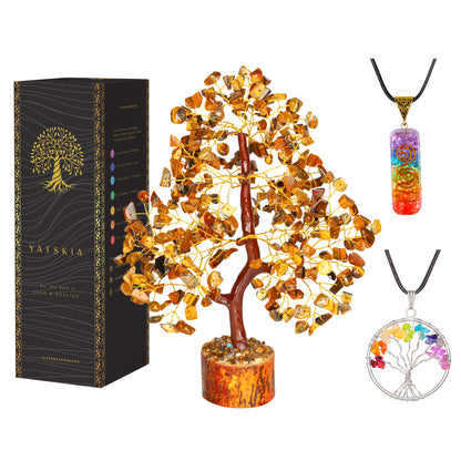 Tiger Eye Gemstone Tree with Tree of Life Pendant