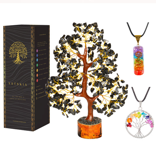 Black Tourmaline Gemstone Tree with Tree of Life Pendant