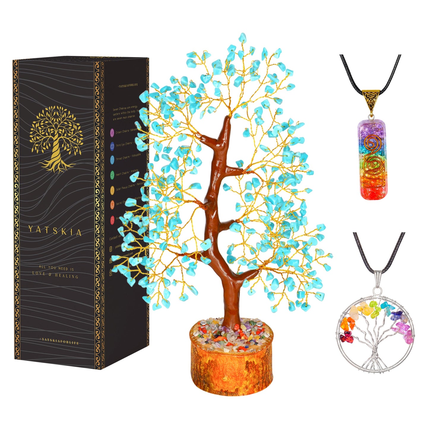 Turquoise Gemstone Tree with Tree of Life Pendant (Golden Wire, 10-12 Inch)