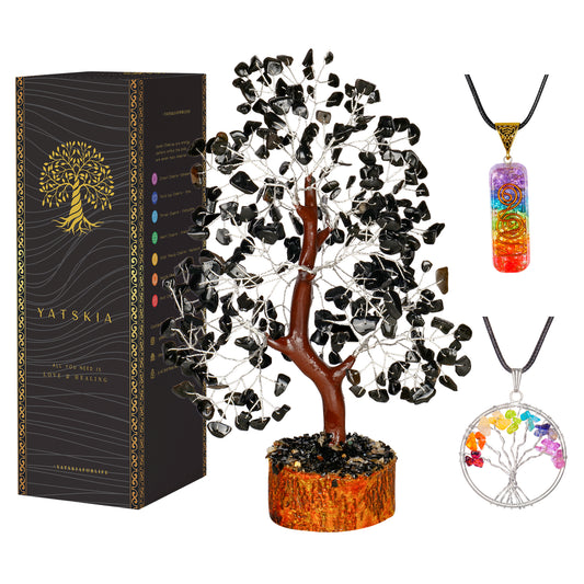 Black Tourmaline Crystal Tree with Tree of Life Pendant