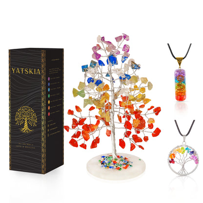 Seven Chakra Slice Base Gemstone Tree with Tree of Life Pendant