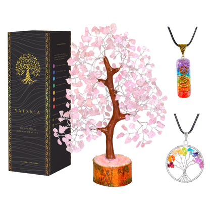 Rose Quartz Crystal Tree with Tree of Life Pendant