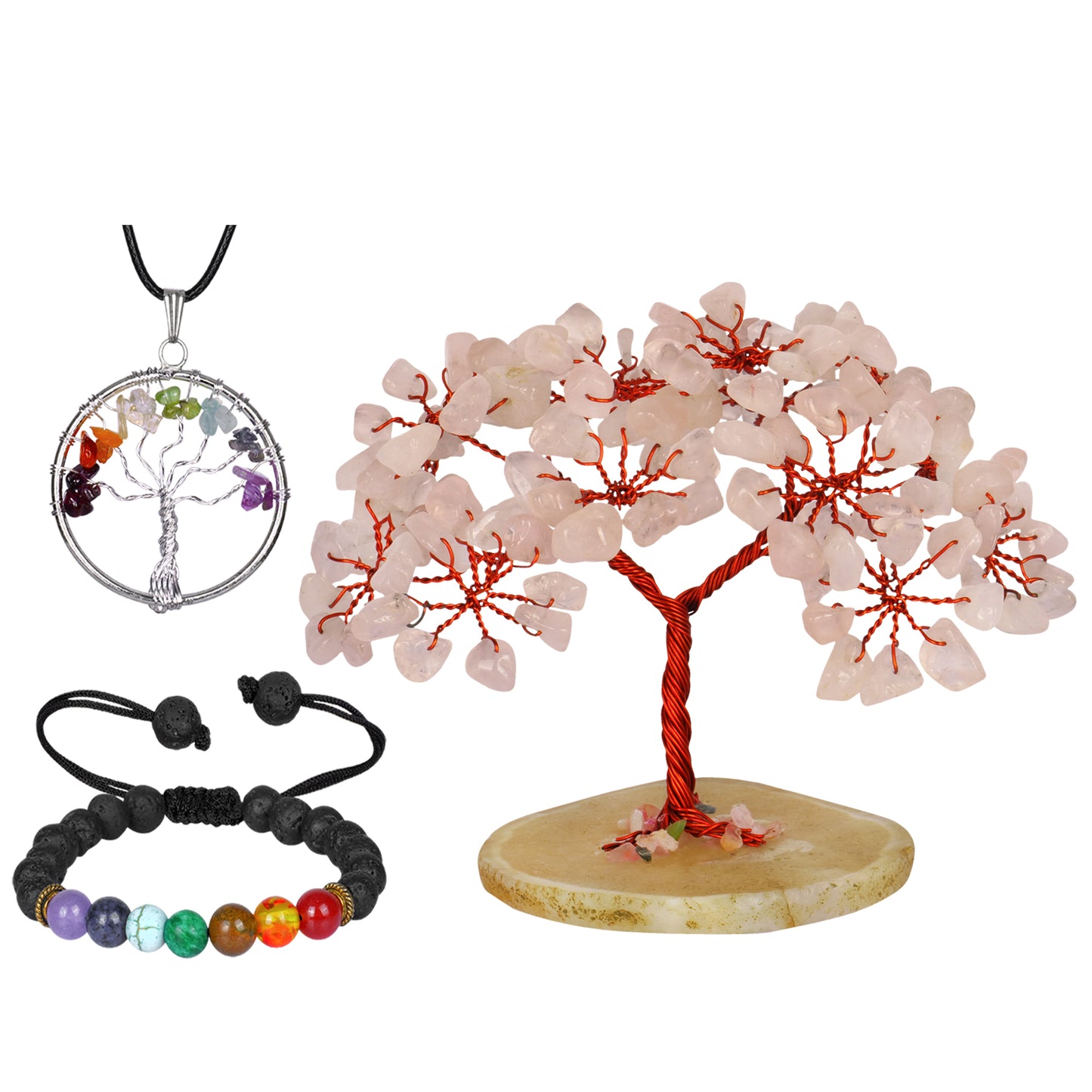 Rose Quartz Tree with Tree of life Pendant and Chakra Bracelet