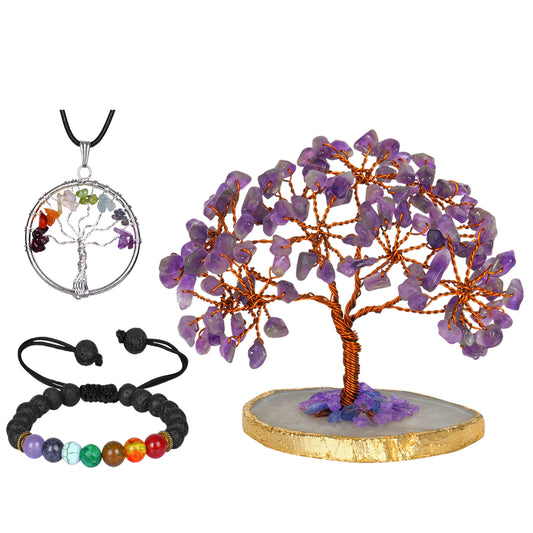 Amethyst Tree with Tree of life Pendant and Chakra Bracelet