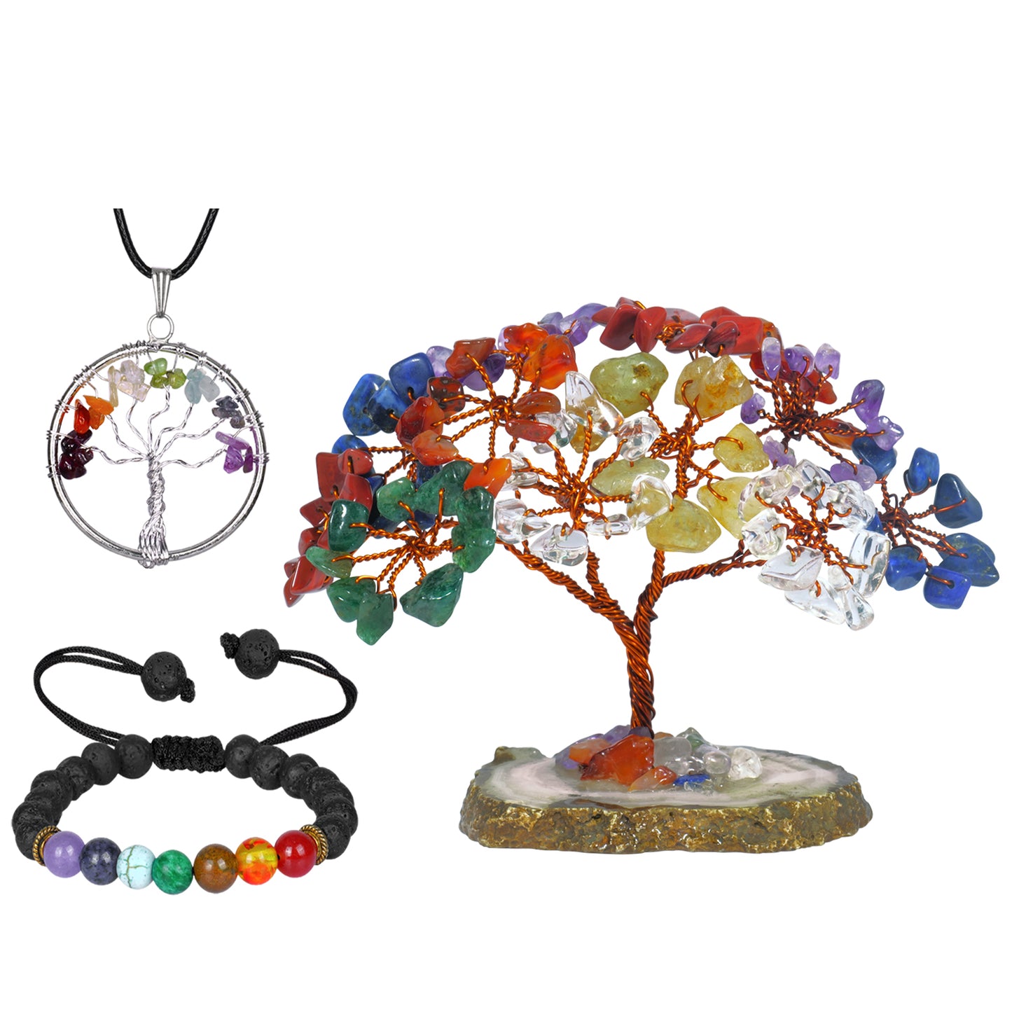 Seven Chakra Crystal Tree with Tree of life Pendant and Chakra Bracelet