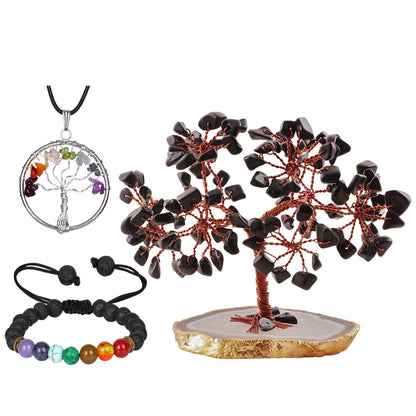 Black Tourmaline Tree with Tree of life Pendant and Chakra Bracelet