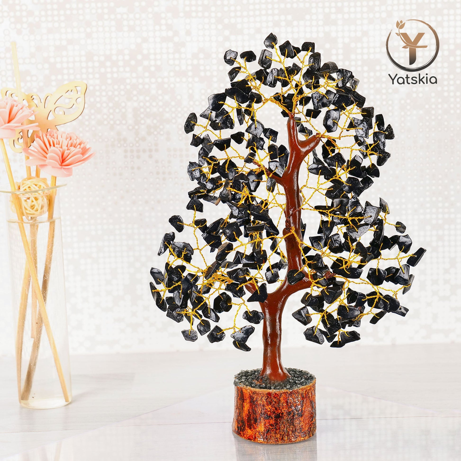 Black Tourmaline Gemstone Tree - Healing Crystal Tree - Golden Wire Size: 10-12 Inch