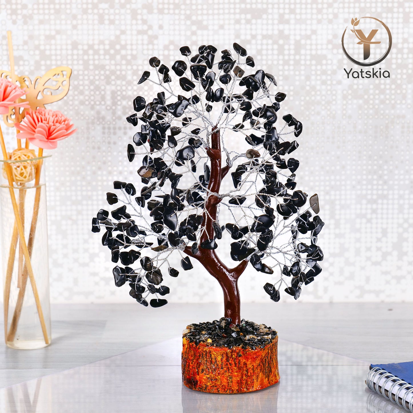 Black Tourmaline Crystal Tree with Tree of Life Pendant