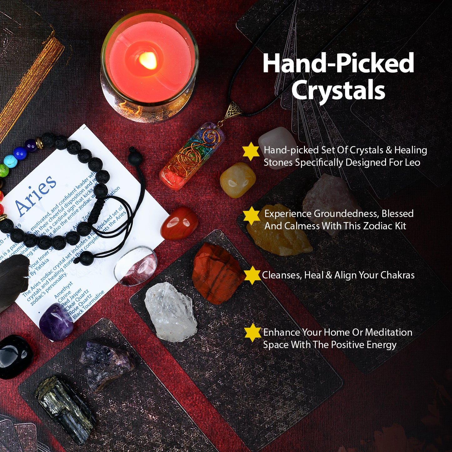 Aries Zodiac Healing Crystals and Gemstones Kit For Women & Men (March 21 and April 19)