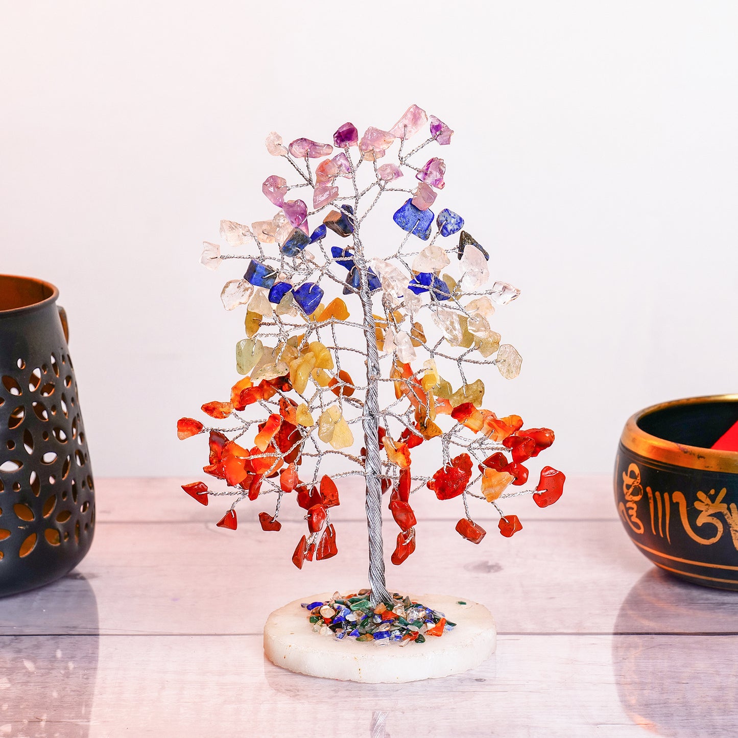 Seven Chakra Slice Base Gemstone Tree with Tree of Life Pendant