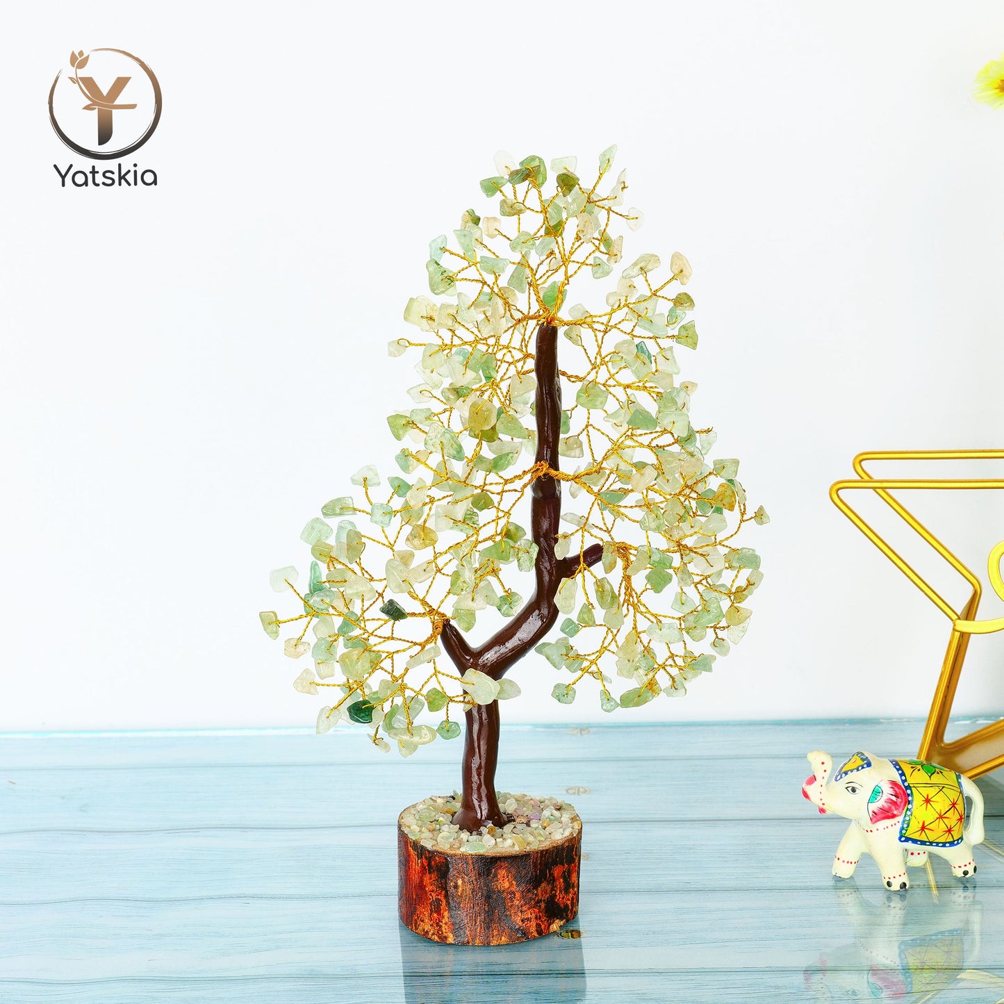 Green Jade Crystal Money Tree - Spiritual Crystal Room Decor - Golden Wire Size: 10-12 Inch