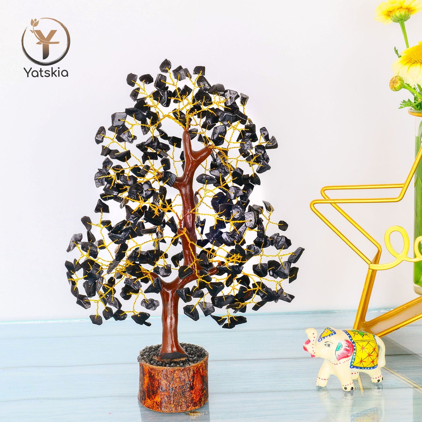 Black Tourmaline Gemstone Tree - Healing Crystal Tree - Golden Wire Size: 10-12 Inch