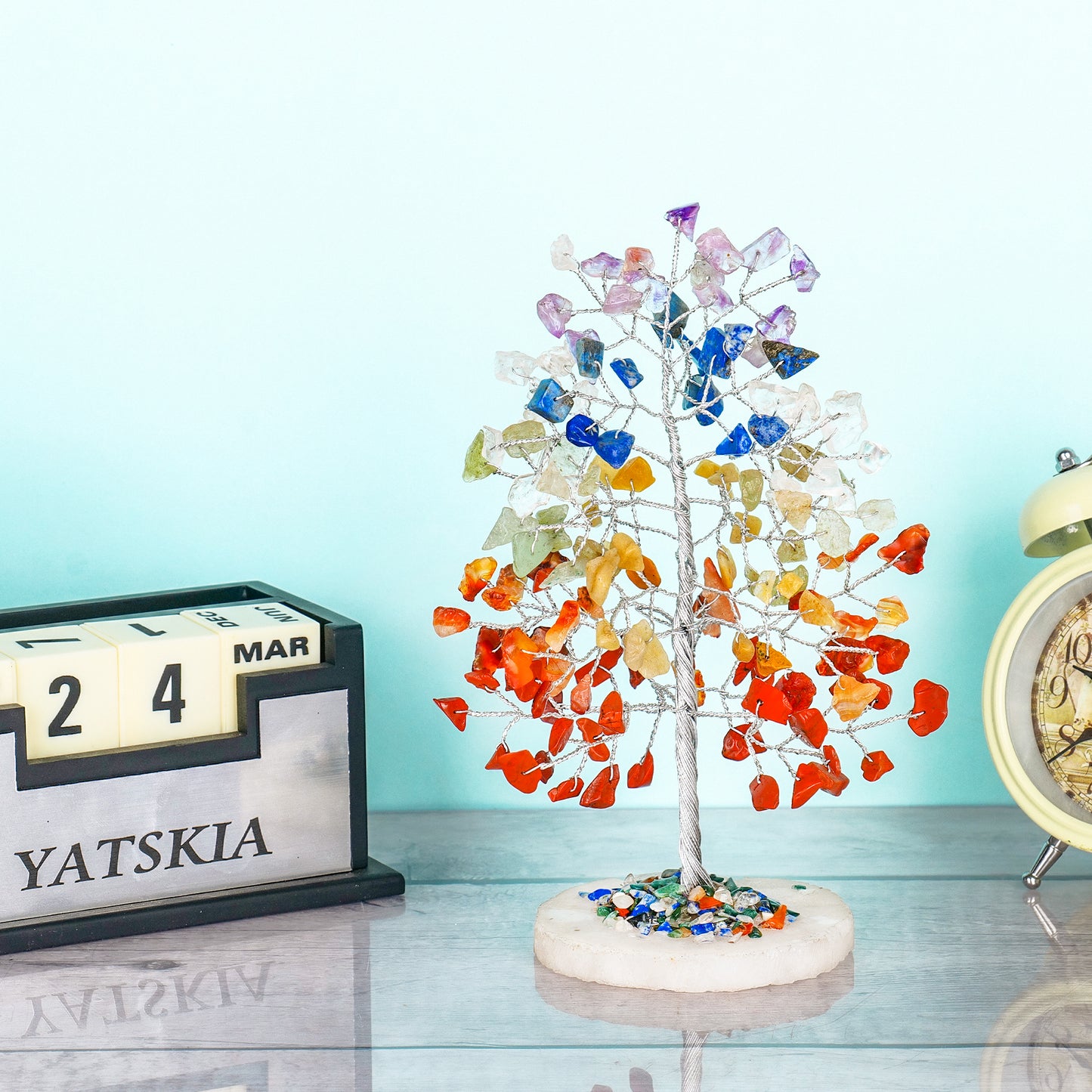 Seven Chakra Slice Base Gemstone Tree with Tree of Life Pendant