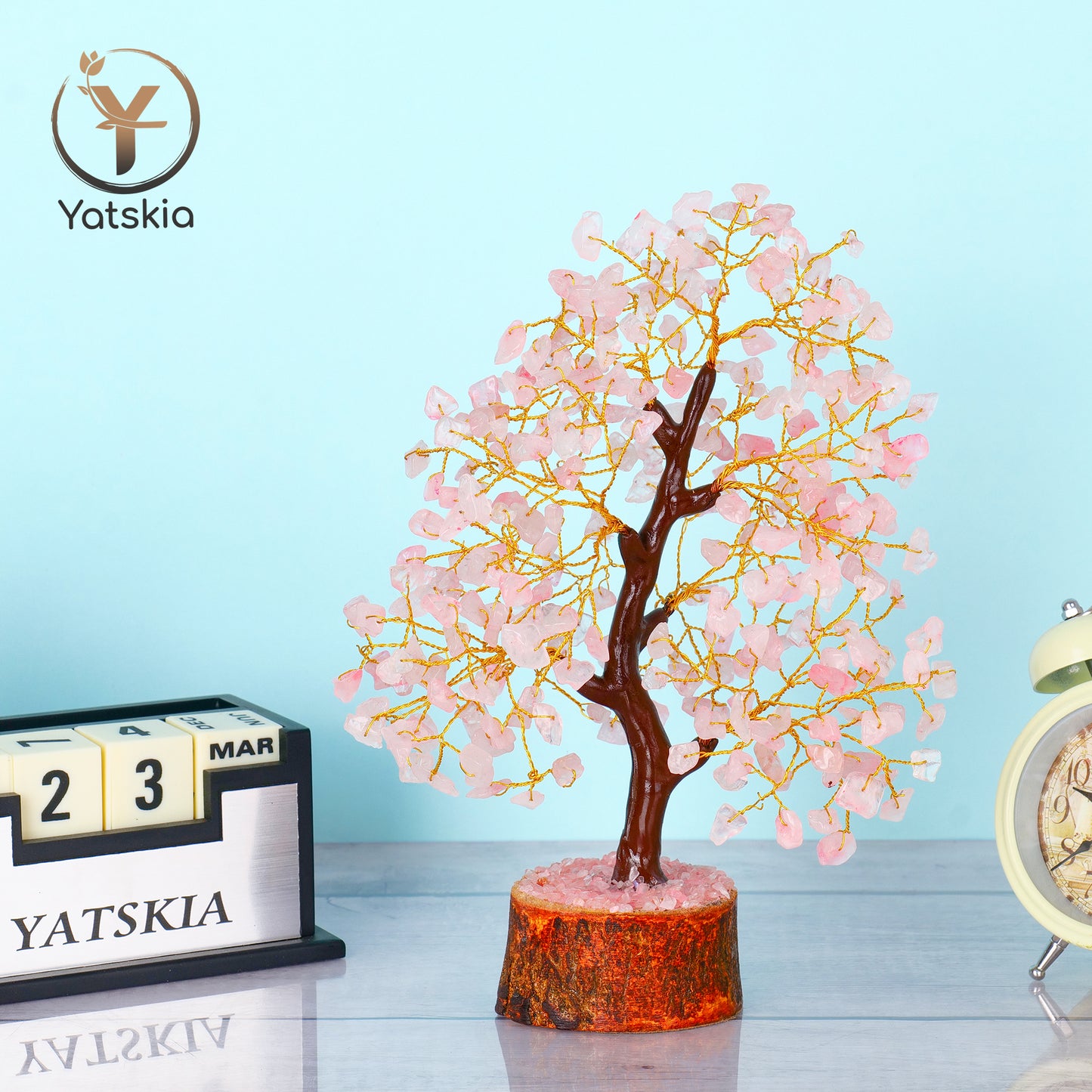 Rose Quartz Gemstone Tree with Tree of Life Pendant