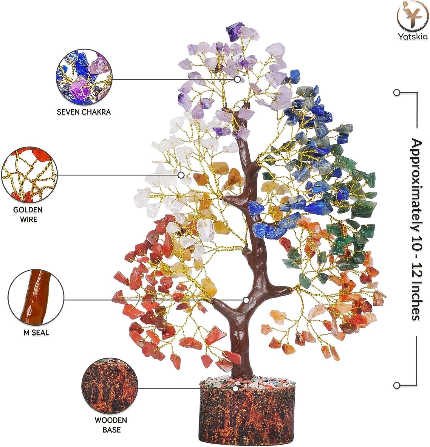 Seven Chakra Crystal Tree (Golden Wire, 10-12 Inch, 300 Beads)