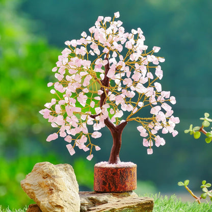 Rose Quartz Crystal Tree (Golden Wire, 10-12 Inch, 300 Beads)