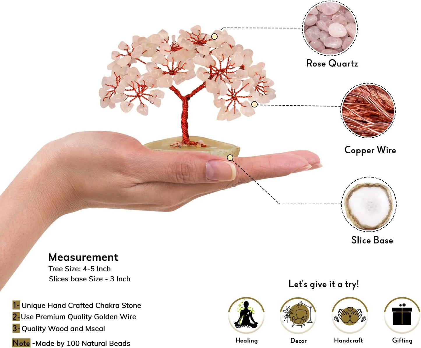 Rose Quartz Slice Base Crystal Tree (Size: 3-4 Inch)