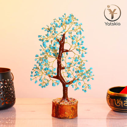 Turquoise Crystal Tree (Golden Wire, 10-12 Inch, 300 Beads)