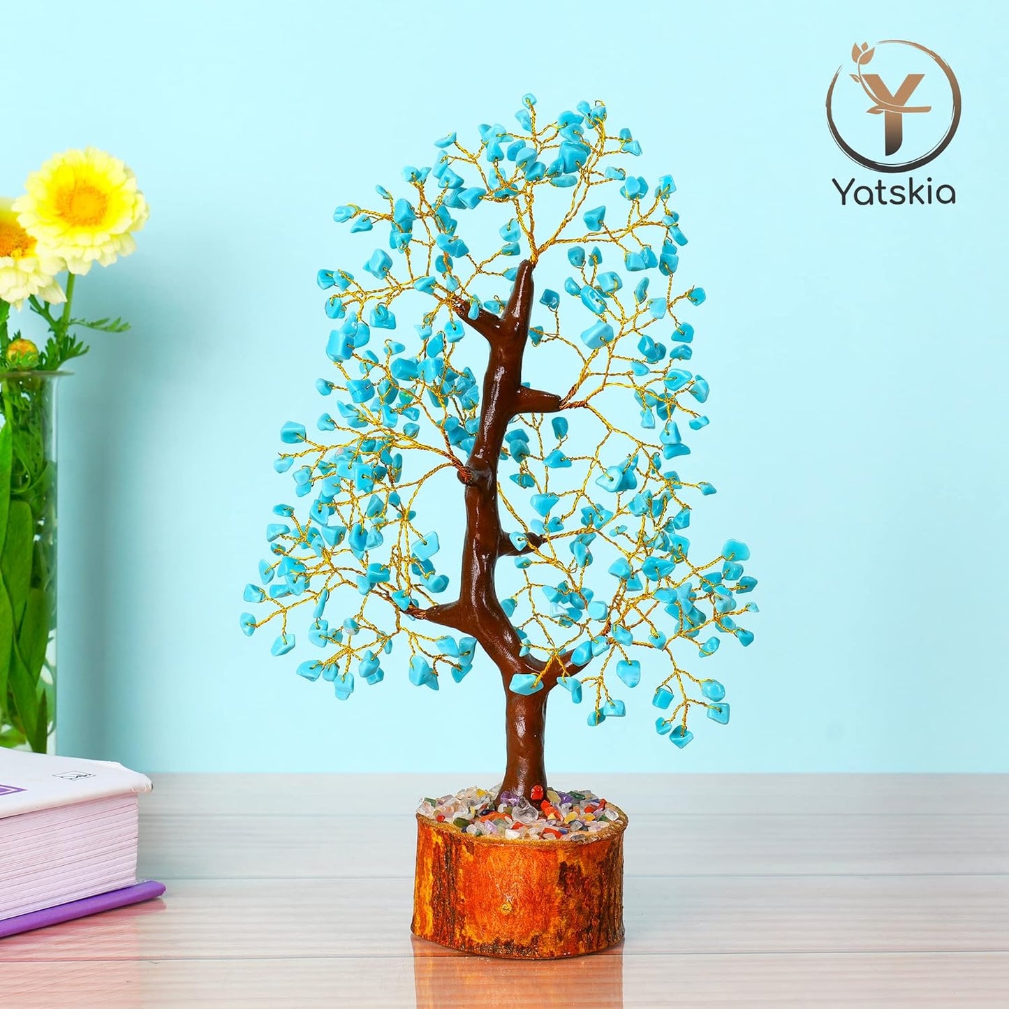 Turquoise Crystal Tree (Golden Wire, 10-12 Inch, 300 Beads)