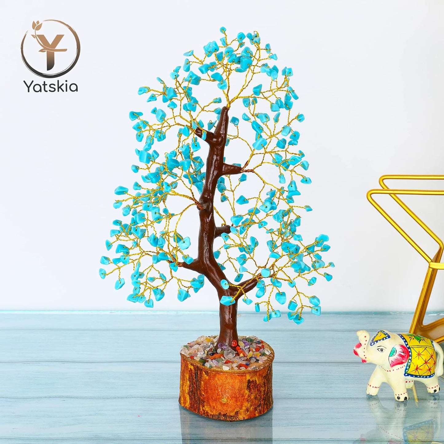 Turquoise Crystal Tree (Golden Wire, 10-12 Inch, 300 Beads)