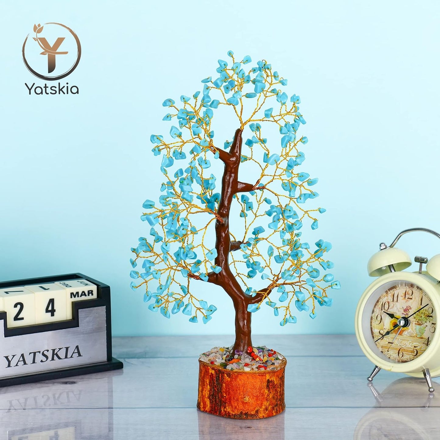 Turquoise Crystal Tree (Golden Wire, 10-12 Inch, 300 Beads)