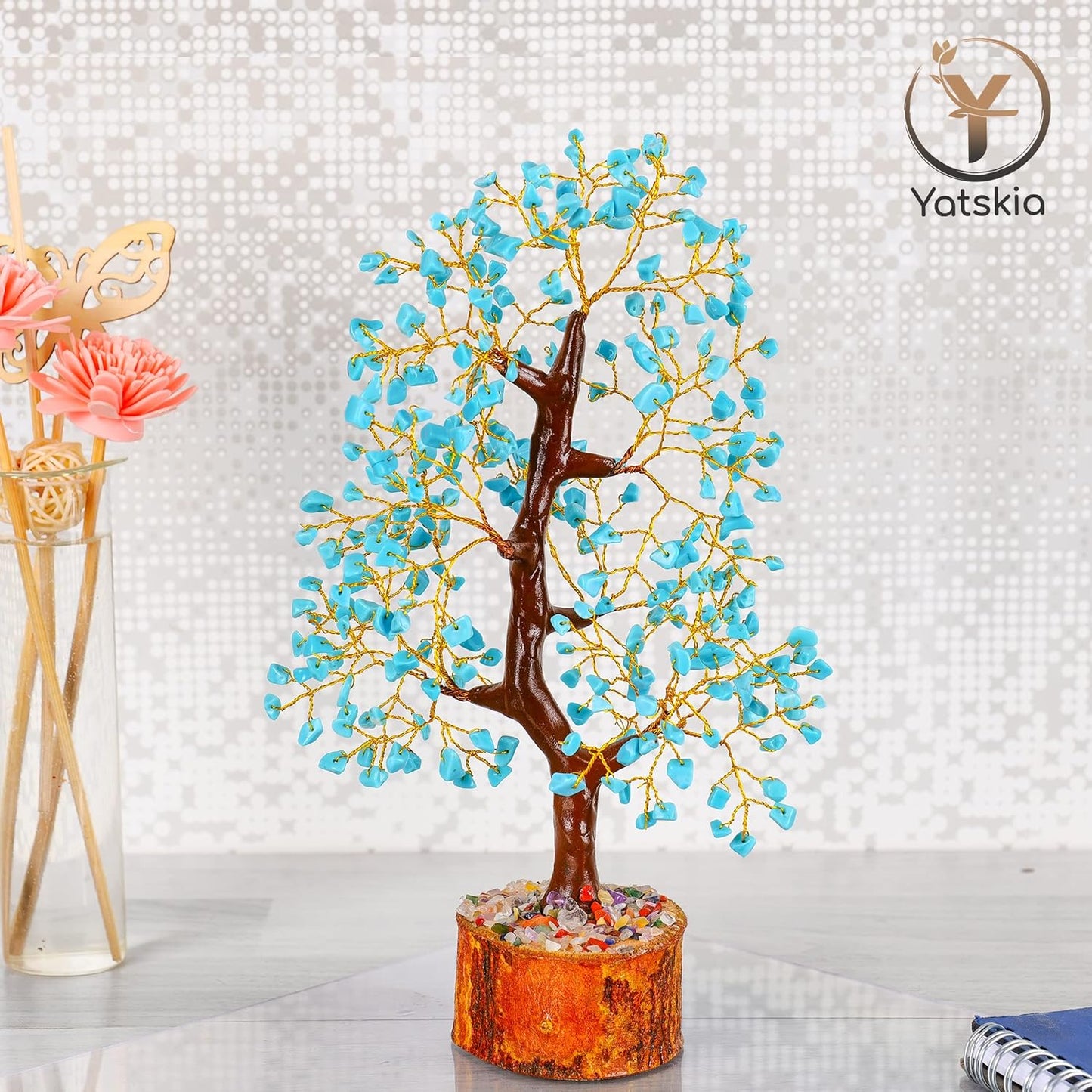 Turquoise Crystal Tree (Golden Wire, 10-12 Inch, 300 Beads)