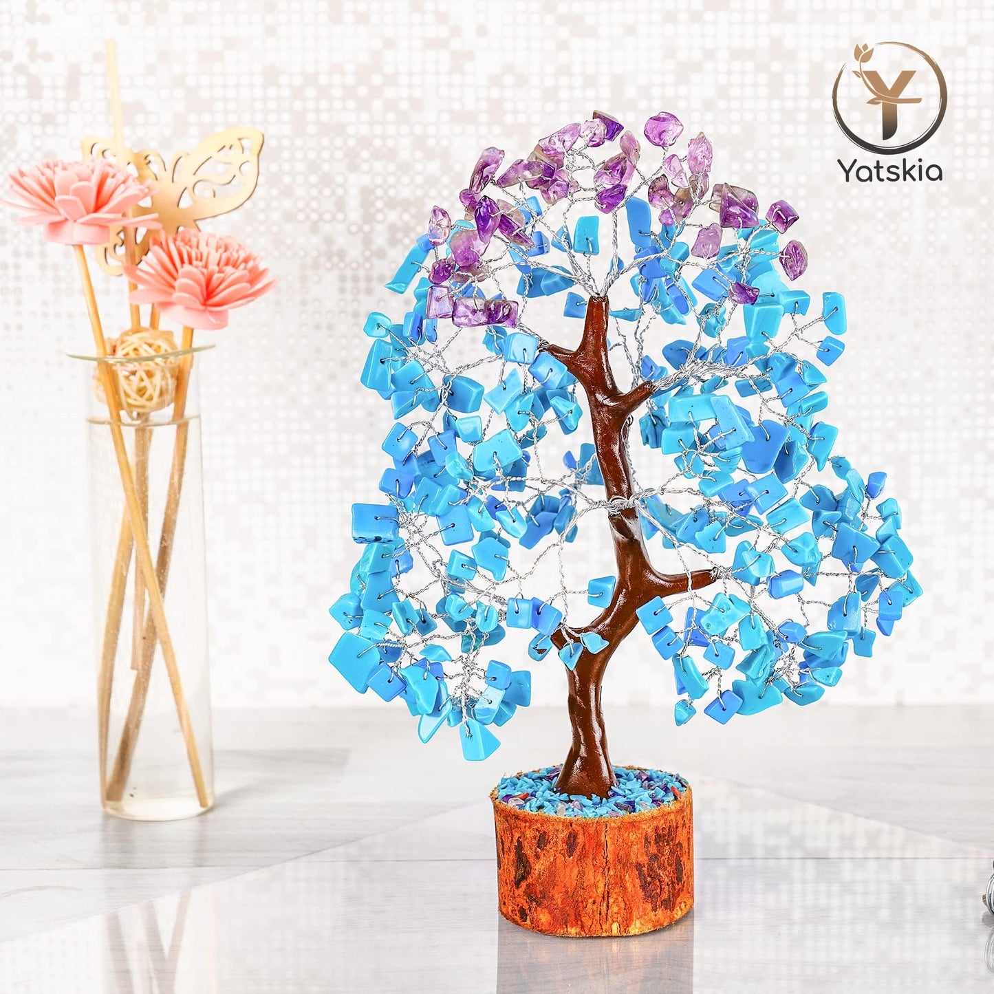 Turquoise and Amethyst Crystal Tree (Silver Wire, 10-12 Inch, 300 Beads)