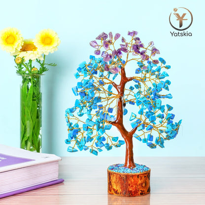 Turquoise and Amethyst Crystal Tree (Golden Wire, 10-12 Inch, 300 Beads)