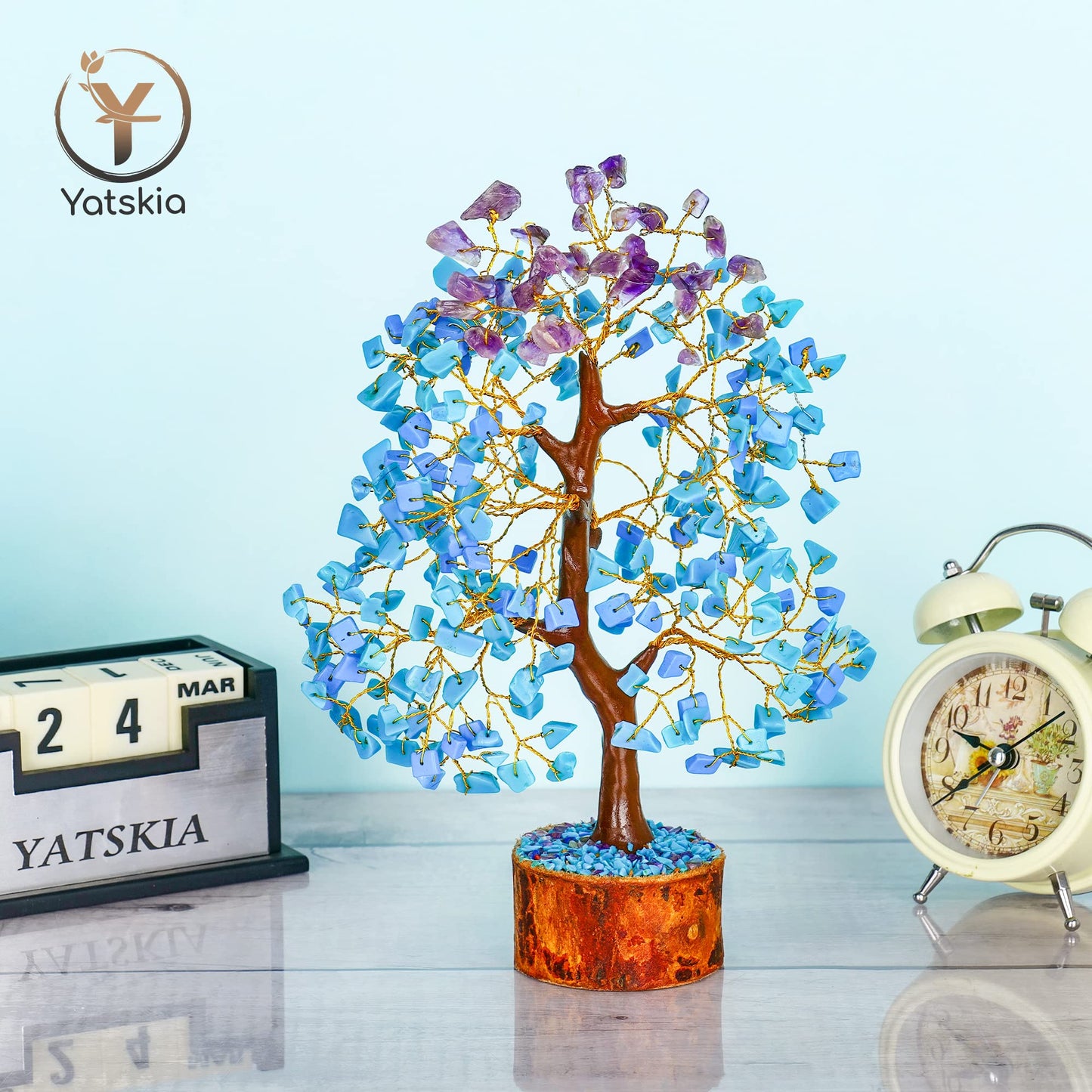 Turquoise and Amethyst Crystal Tree (Golden Wire, 10-12 Inch, 300 Beads)