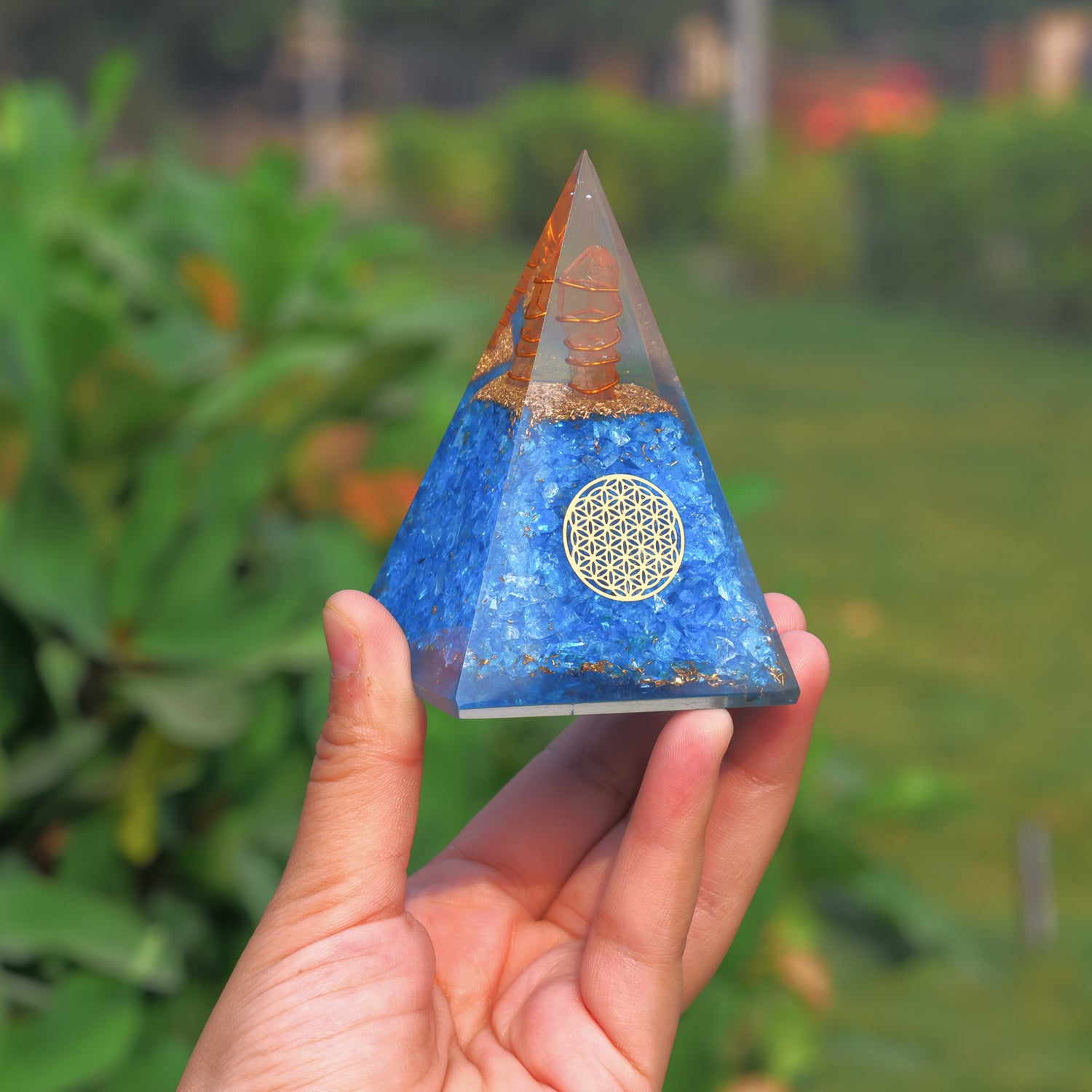 Aquamarine Healing Crystal Handmade Orgonite Pyramid For Yoga & Chakra Balancing