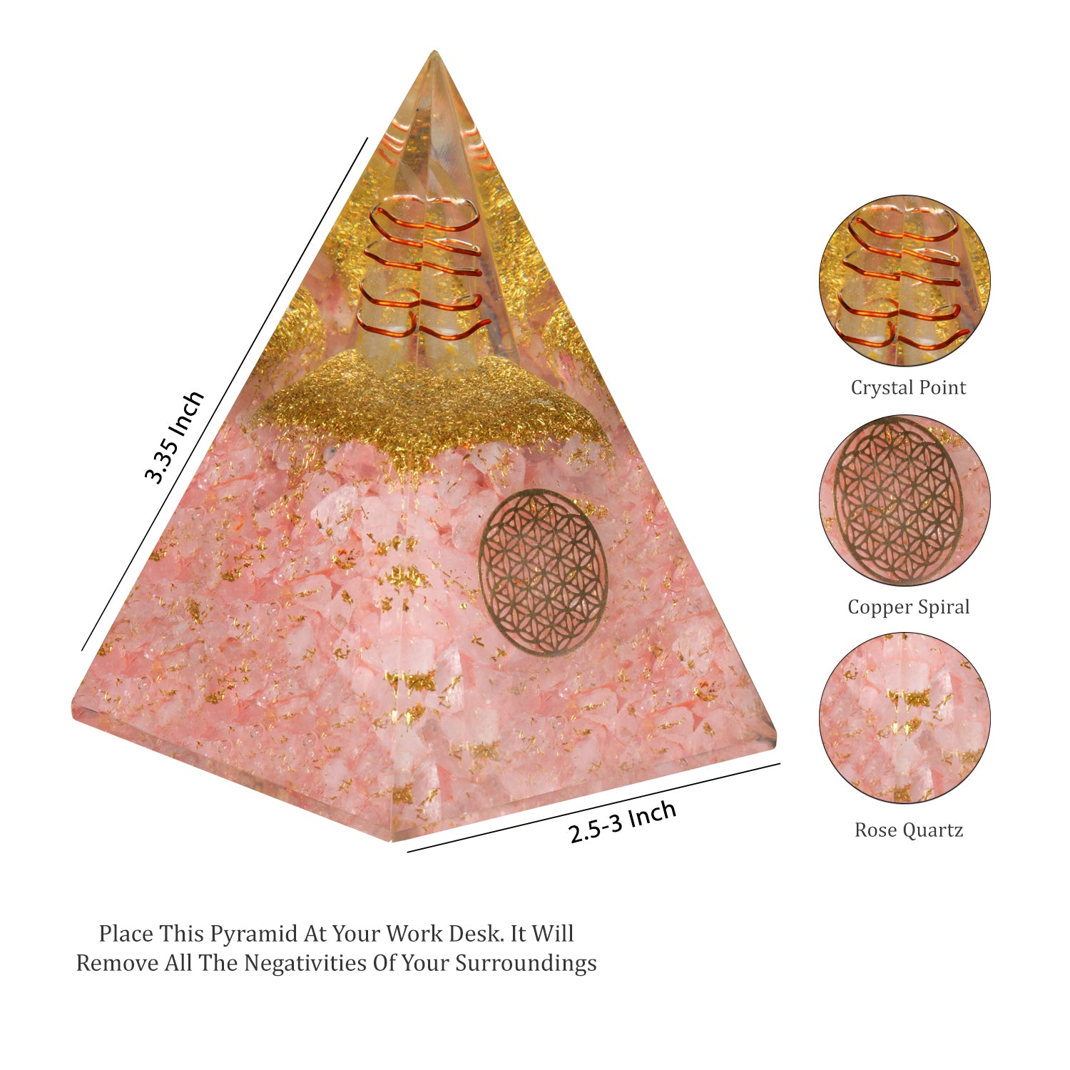 Rose Quartz Orgone Healing Crystal Pyramid For Meditation & Emf Protection