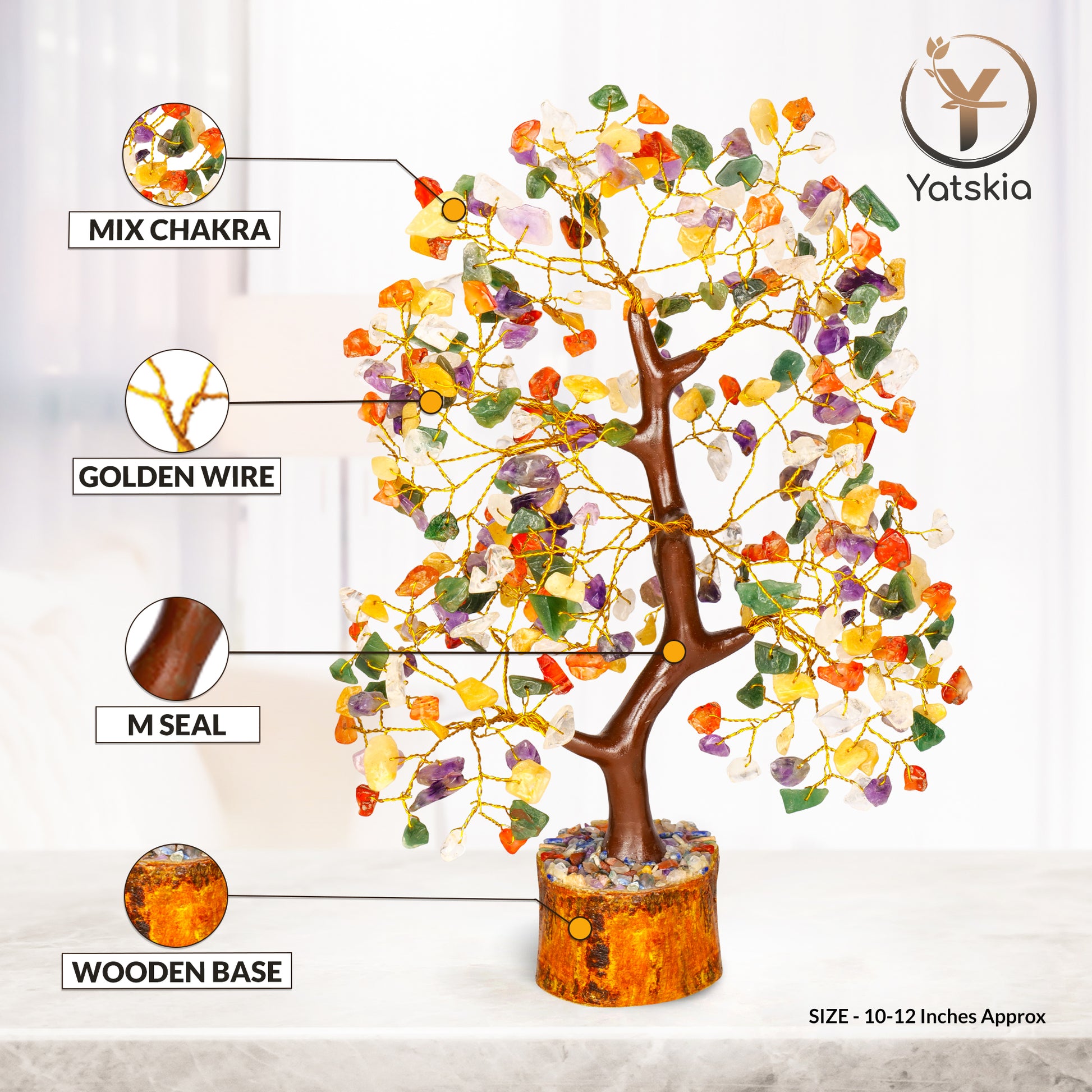 Chakra Tree of Life - Chakra Healing Stones - Good Luck Gifts - Golden Wire Size: 10-12 Inch